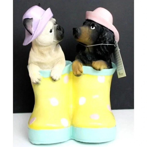 Easter Spring Dog Statue Dachshund & Pug In Rainboots Humane Society Figure - Picture 1 of 4